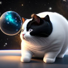 Black and white cat on cloud with dark planet and stars in whimsical cosmic setting