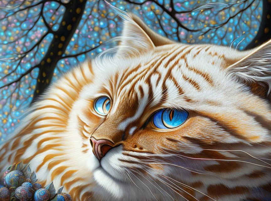 Highly detailed stylized painting of an orange tabby cat with blue eyes