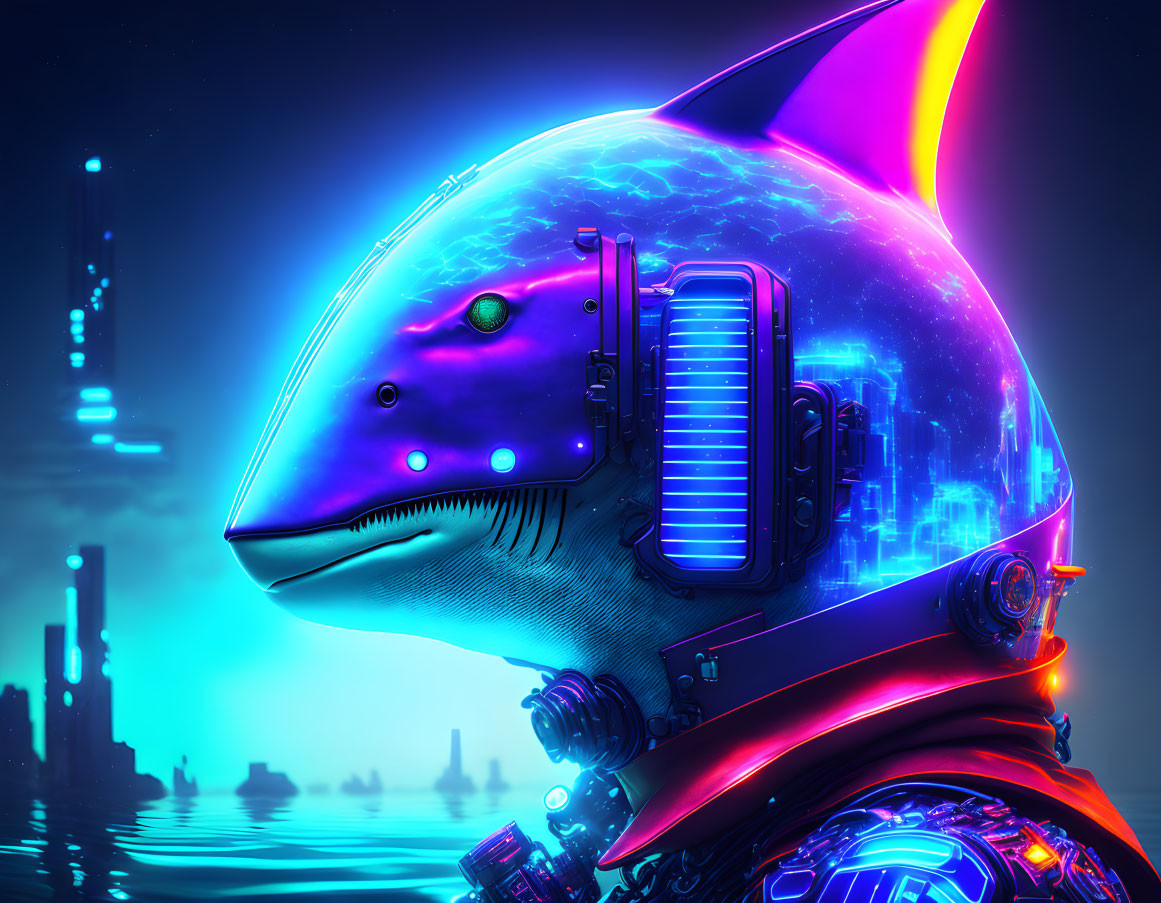 Futuristic cybernetic shark art in neon cityscape.