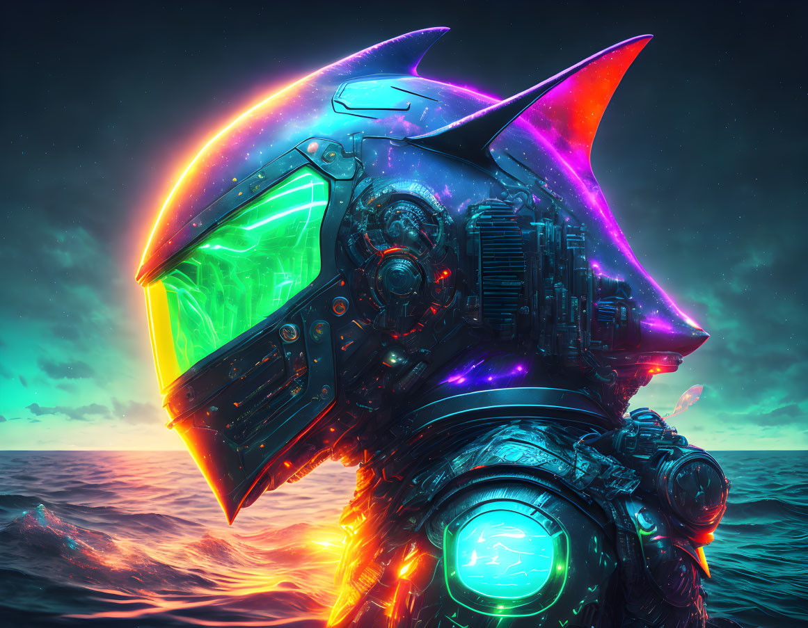 Futuristic knight in glowing armor by the ocean