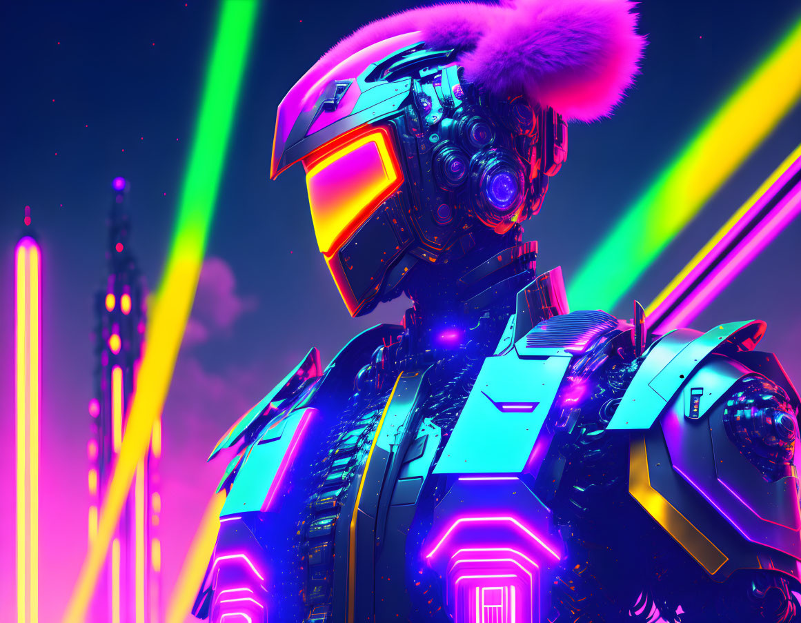 Futuristic robot with glowing visor and pink fur in neon-lit cityscape