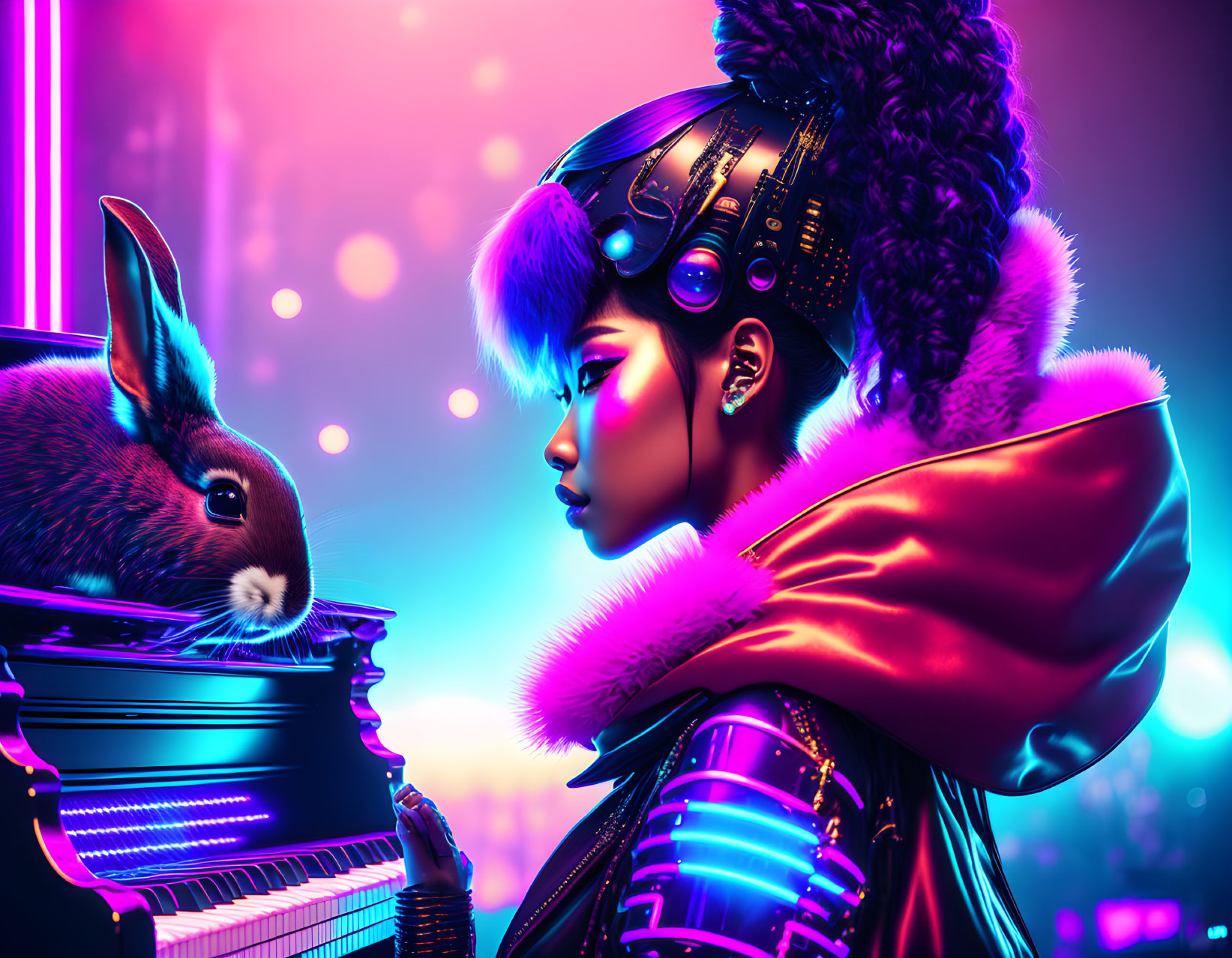 Futuristic woman with elaborate headgear and neon lighting gazing at a bunny in cyberpunk setting