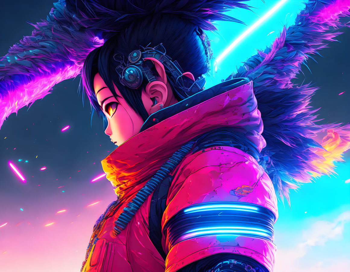 Digital artwork of character in cyberpunk style with futuristic visor and neon lights