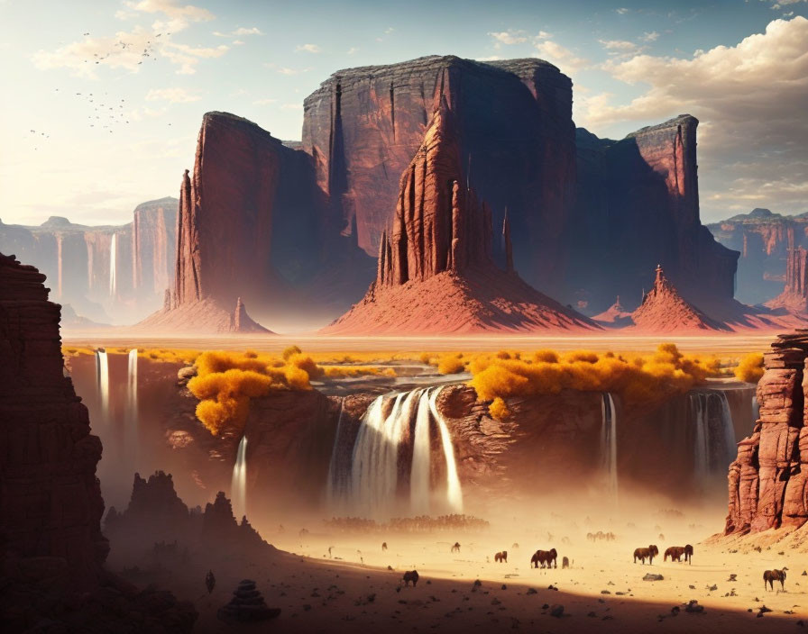 Surreal desert landscape with red rock formations, waterfall, trees, and elephants