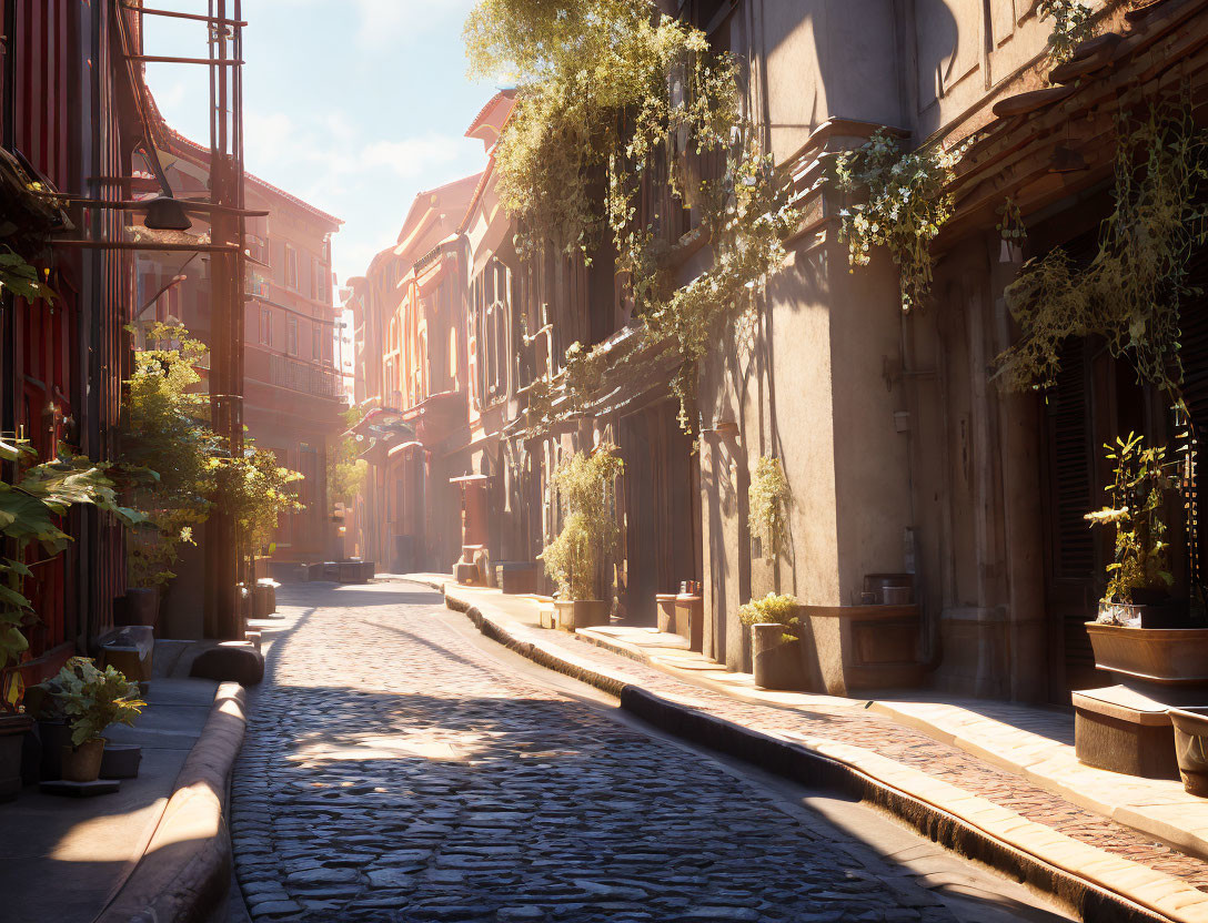 Tranquil cobblestone street with plant-adorned buildings in warm sunlight