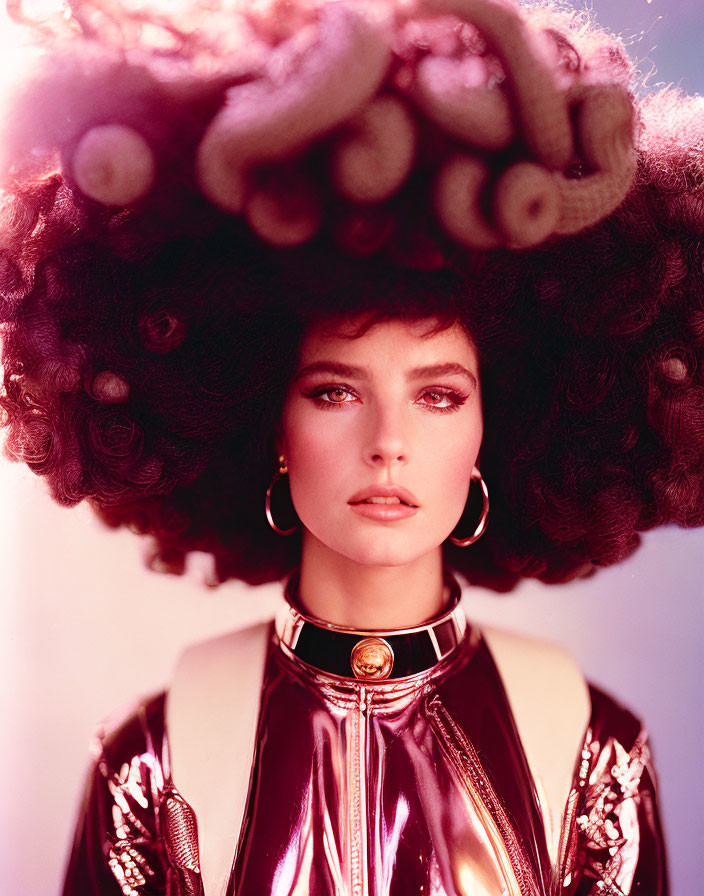 Voluminous textured afro hairstyle with red outfit and metallic collar