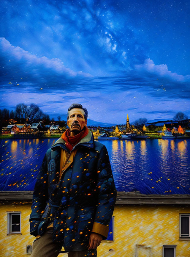 Man in coat by scenic lake at dusk with illuminated houses and starry sky.