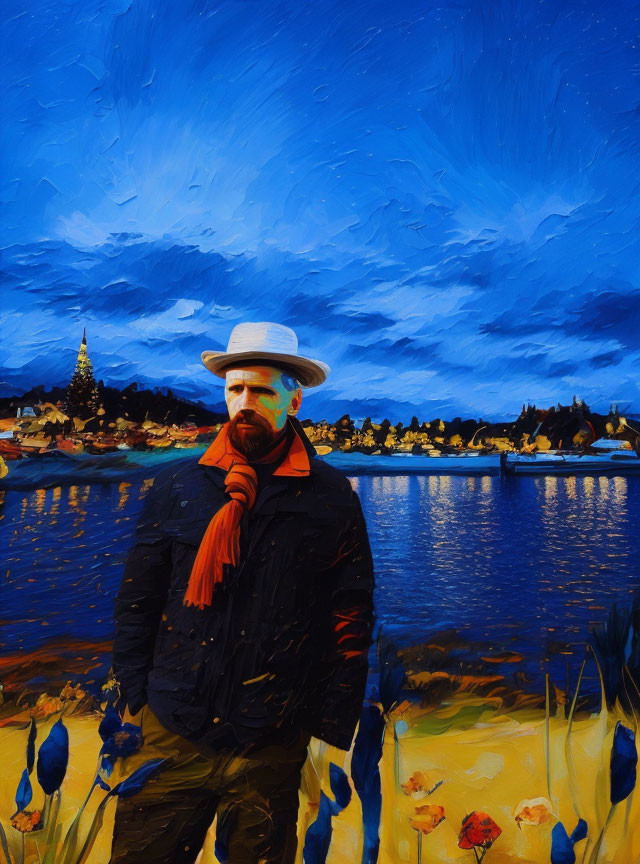 Bearded man in hat against vibrant painting-like backdrop