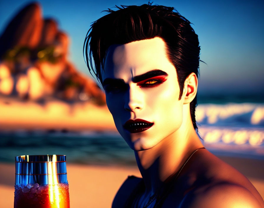 Illustrated male figure with dark hair and red eye makeup at beach sunset with colorful drink.
