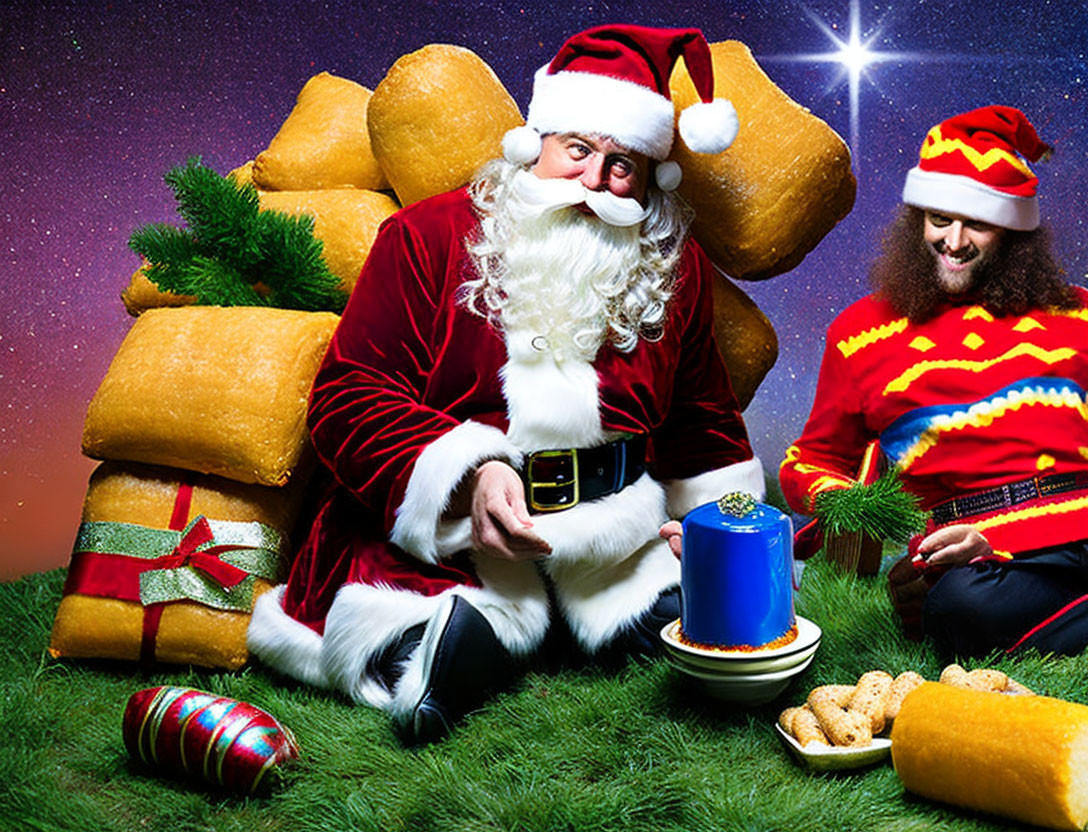 Men in Santa and elf costumes with giant gift-wrapped croissants, blue mug, and cookies