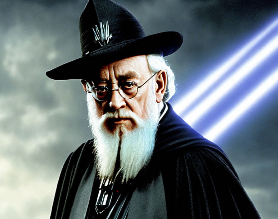 Bearded man in hat and glasses with crossed lightsabers background
