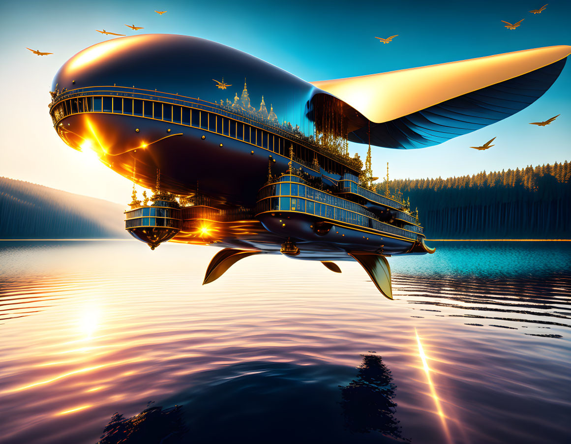 Ornate fantasy airship over tranquil waters at sunset