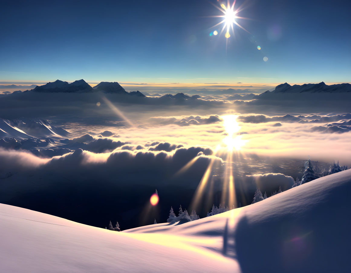 Snow-covered mountain range at sunrise with golden sunlight rays piercing clouds
