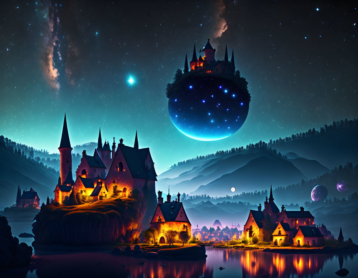 Fantasy Night Landscape with Floating Castle and Starry Sky