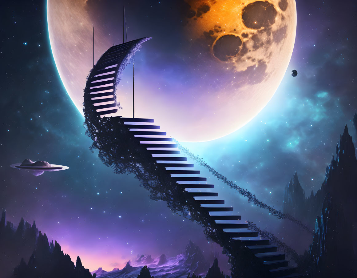 Spiraling staircase under moon with UFO in cosmic scene