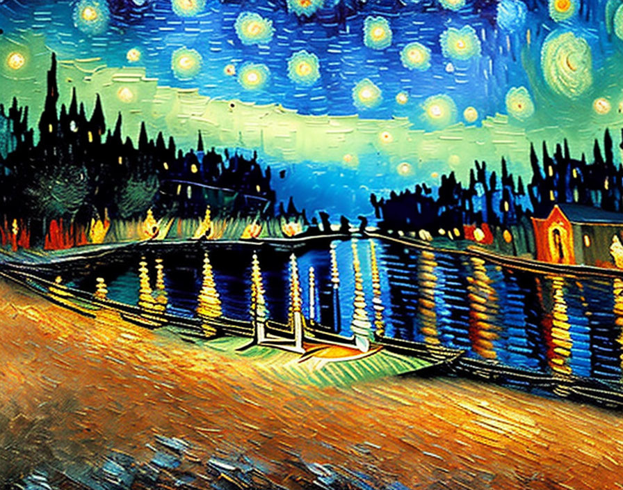 Colorful painting of swirling stars, night sky, water reflections, town lights