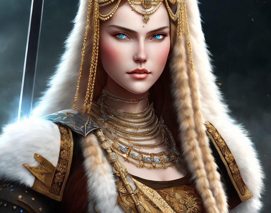 Fantasy female warrior with blue eyes, gold jewelry, fur-lined armor, wielding glowing sword