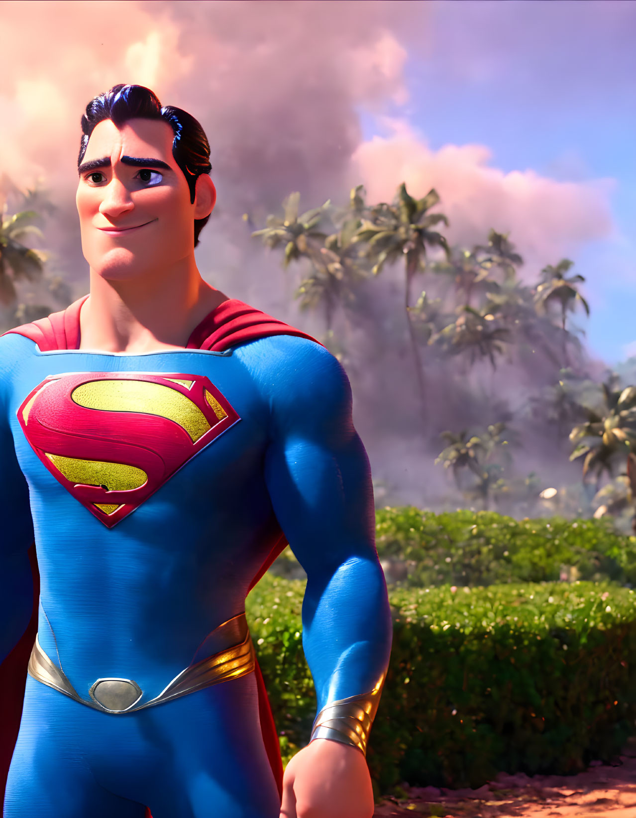 Superman animated character in heroic pose against tropical backdrop