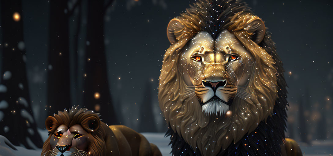Majestic animated lions with shimmering manes in snowy night scene