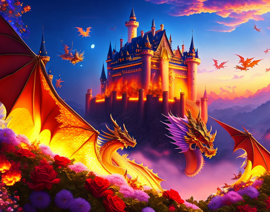 Fantasy castle at twilight with dragons and roses in vibrant setting