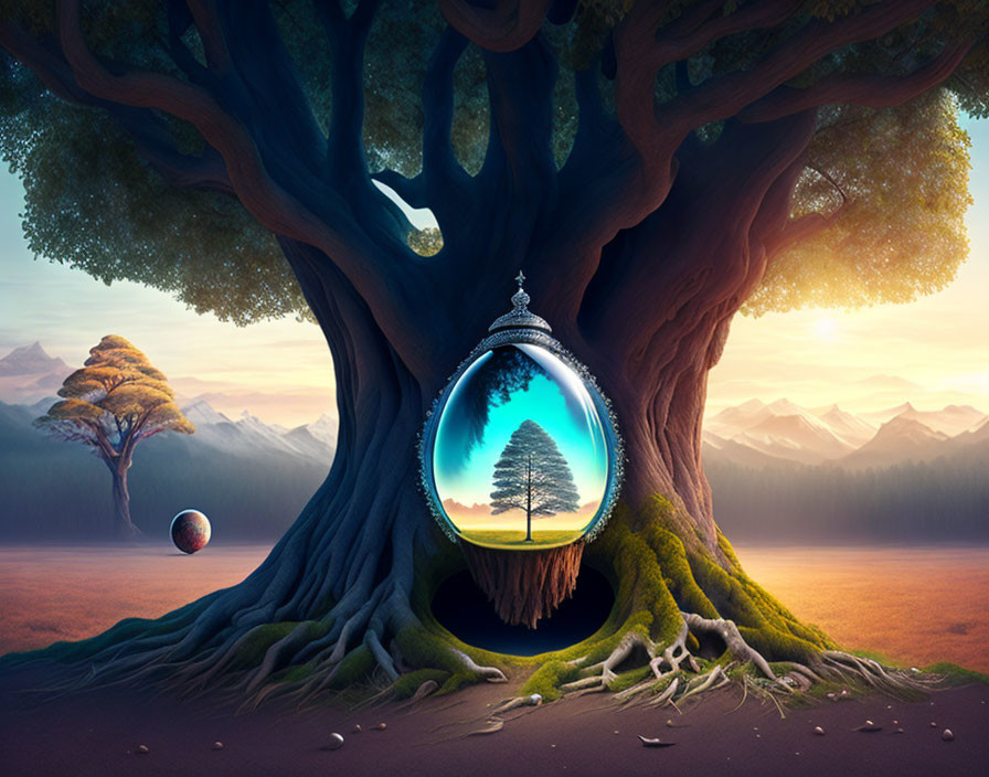 Surreal landscape with ancient tree, portal, sphere, and mountains at sunset