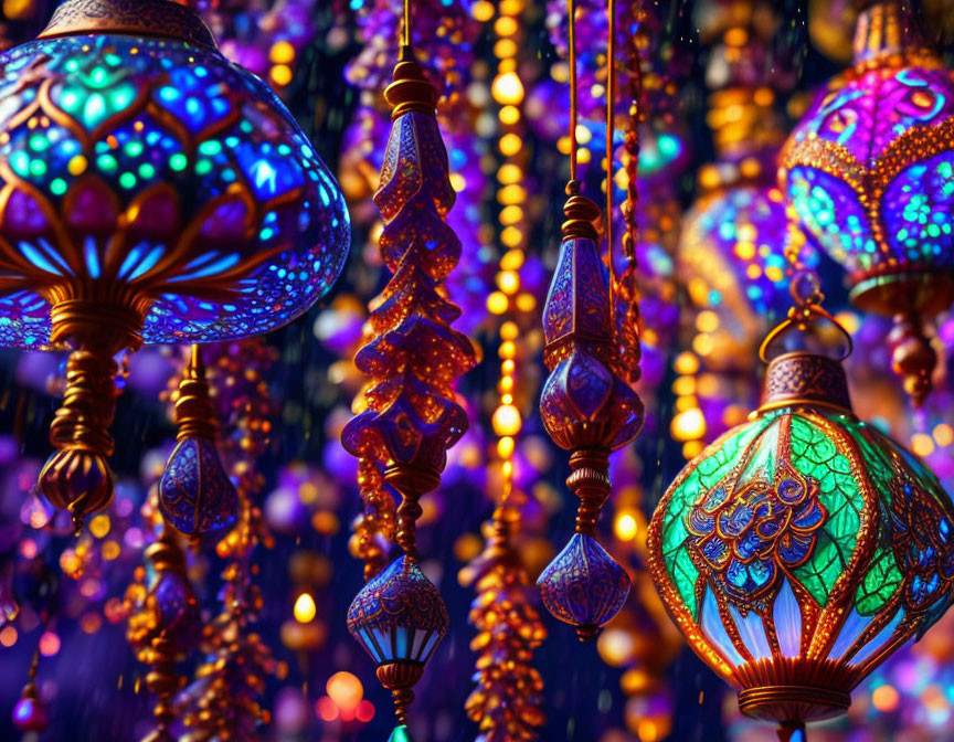 Vibrant Hanging Lamps Illuminate Marketplace Scene