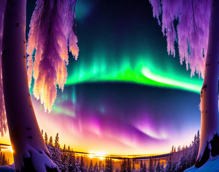 Colorful aurora borealis lights up snowy landscape and frozen lake