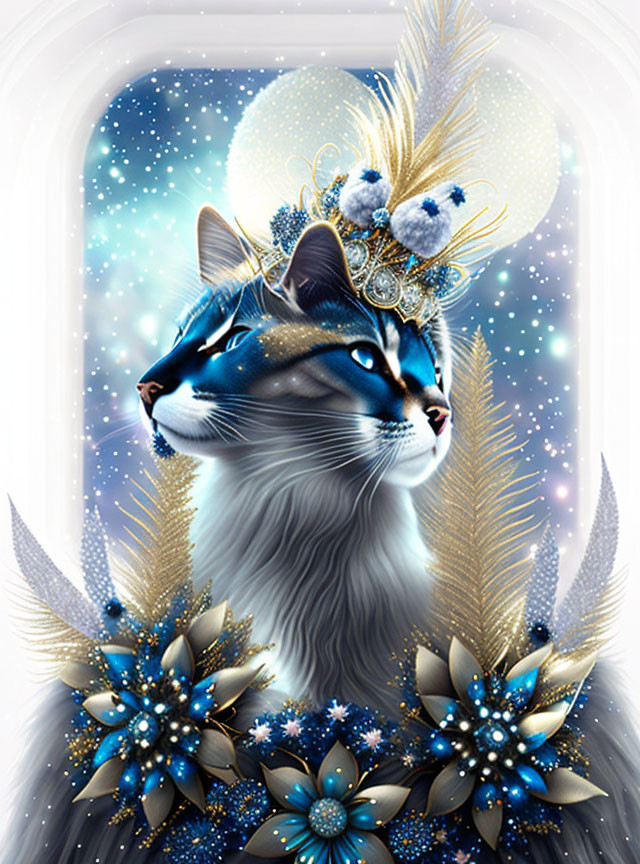 Blue and White Fur Cat Wearing Crown with Feathers and Jewels