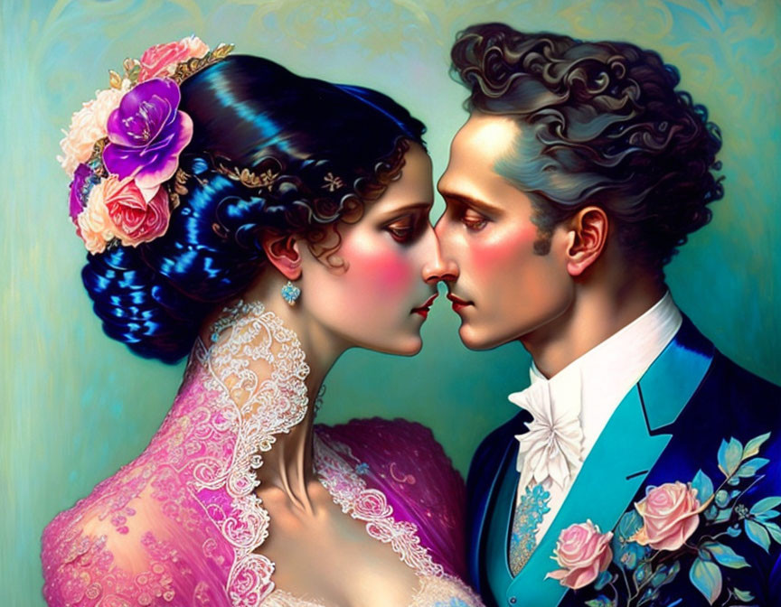 Vintage-inspired romantic illustration of a woman and man gazing lovingly, adorned with flowers.