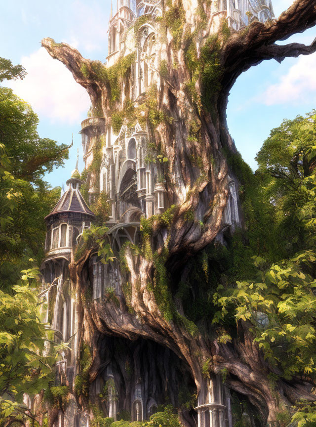 Fantasy tree with houses and towers in lush foliage