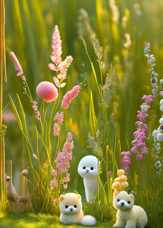 Whimsical scene: Cute creatures and stylized plants in vibrant meadow