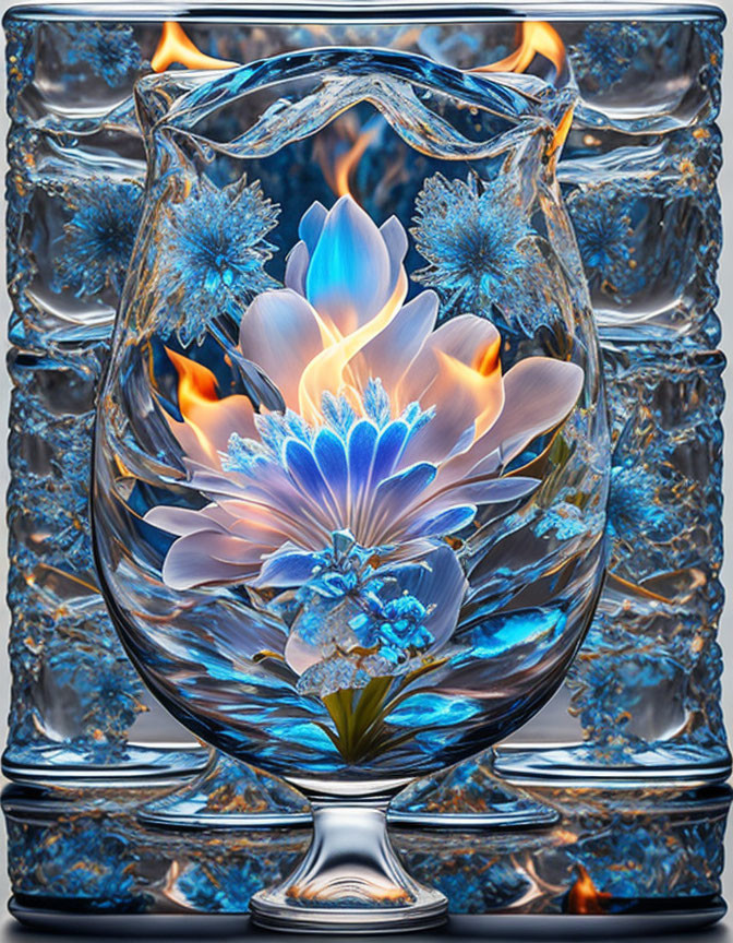 Translucent glass goblet with blooming flower, flames, ice crystals, mirrored backdrop