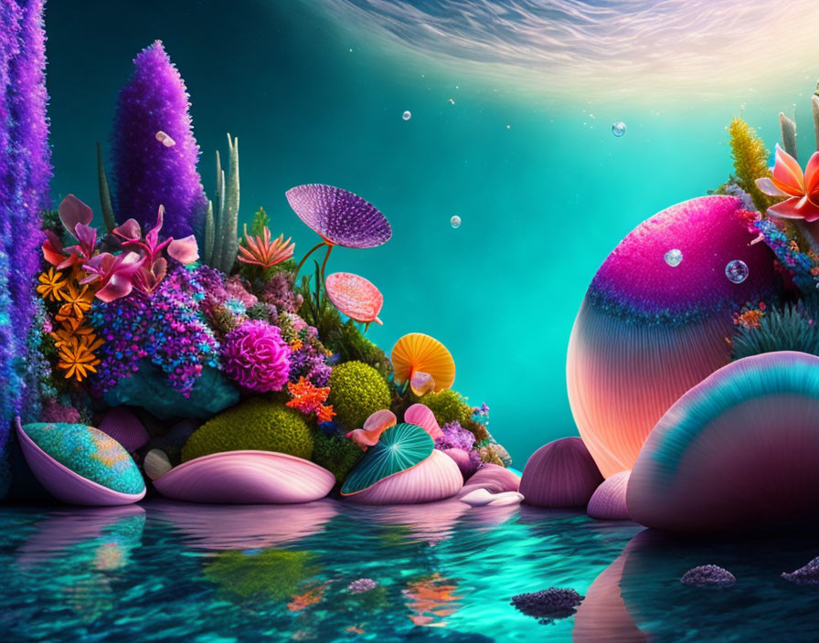 Colorful Coral and Plants in Turquoise Underwater Scene