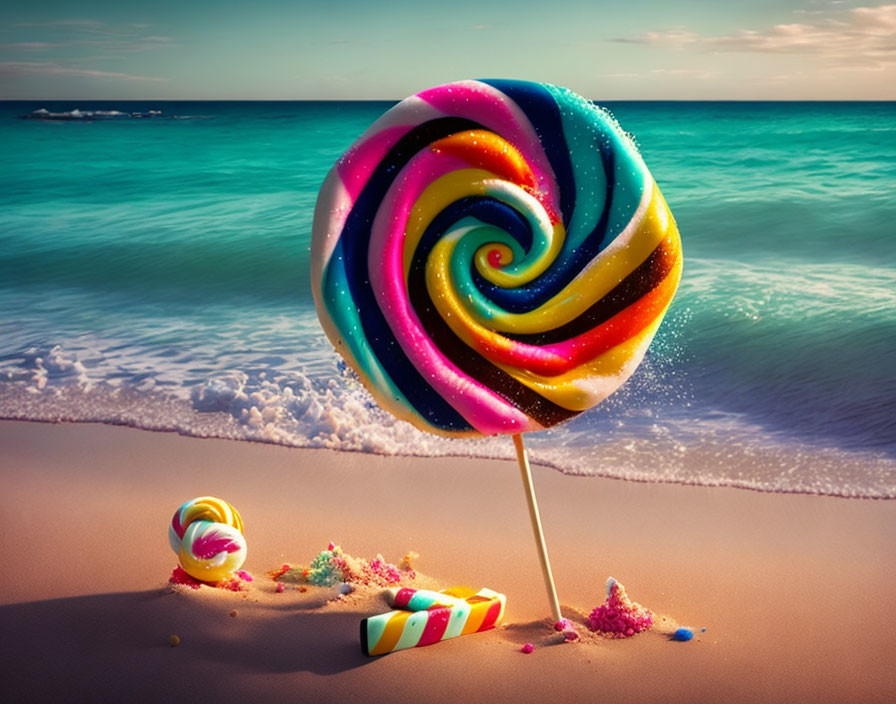 Colorful Swirl Lollipop on Sandy Beach with Waves and Candies