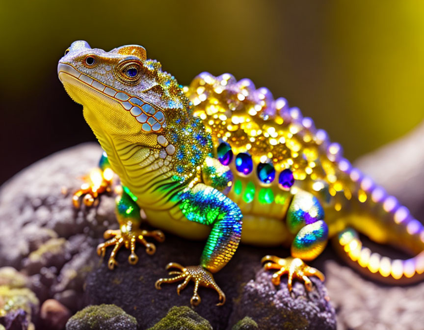 Colorful Bejeweled Lizard Figurine on Rock with Golden Accents