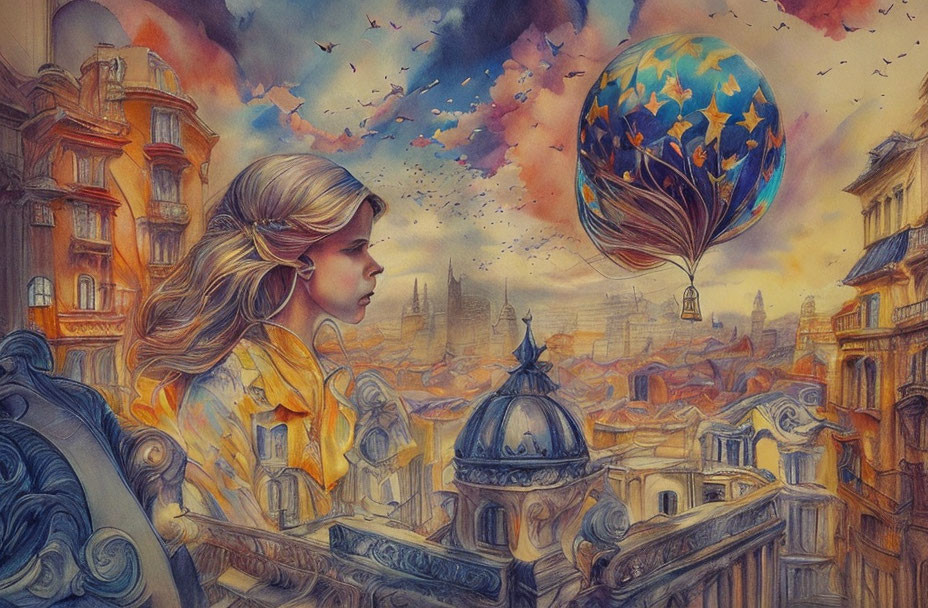Young girl on balcony gazes at star-patterned hot air balloon in fantastical cityscape