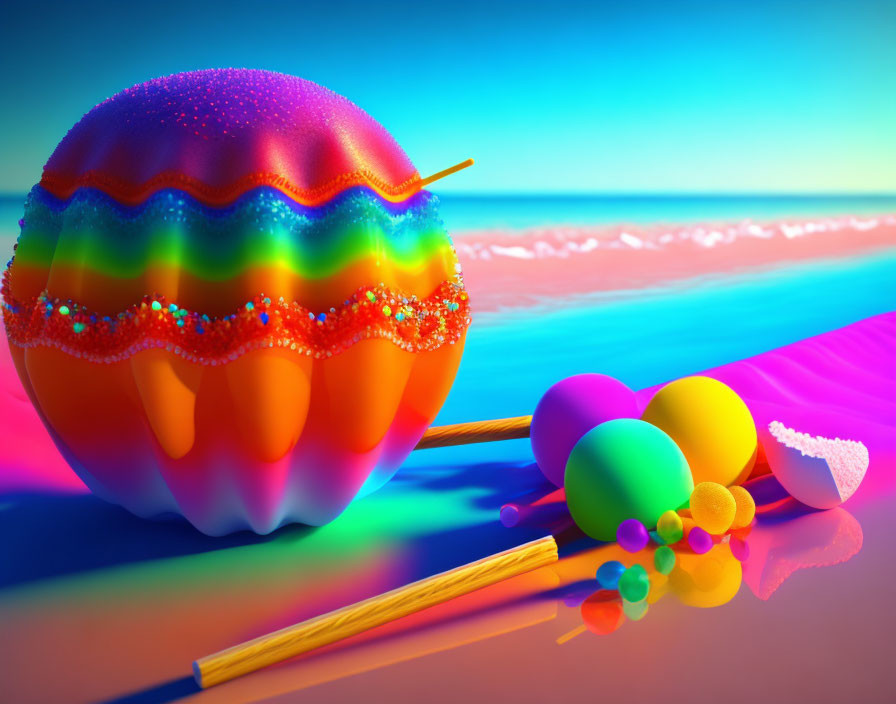Colorful Beach Scene with Rainbow Beach Ball, Marbles, Chopsticks, and Salt