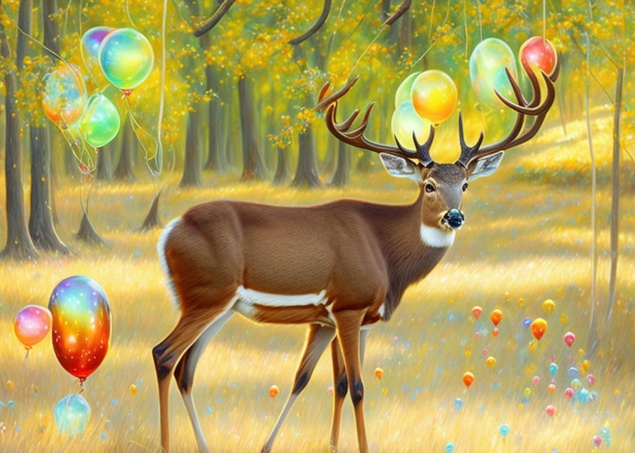 Deer in golden autumn forest with colorful balloons