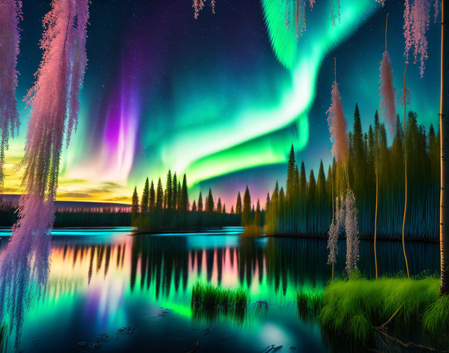 Spectacular Aurora Borealis Over Serene Lake