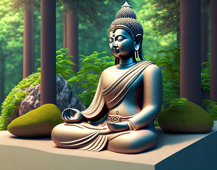 Seated Buddha in Meditation Surrounded by Forest Landscape