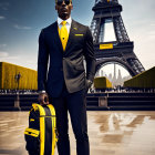 Stylish person in black suit with yellow tie at Eiffel Tower