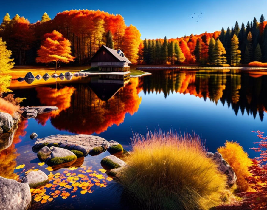 Tranquil autumn landscape with lake, house, colorful trees, and stepping stones