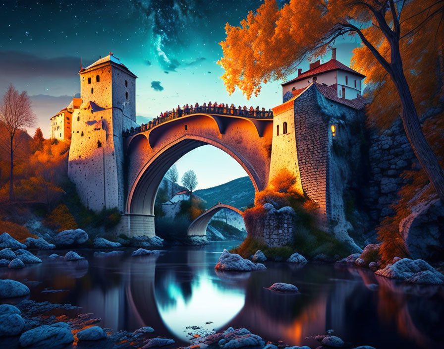 Stone bridge with arches over river between towers and house at twilight