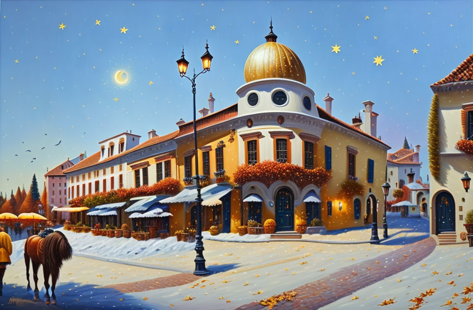 Snow-covered square with horse, lampposts, golden dome building, twilight sky.