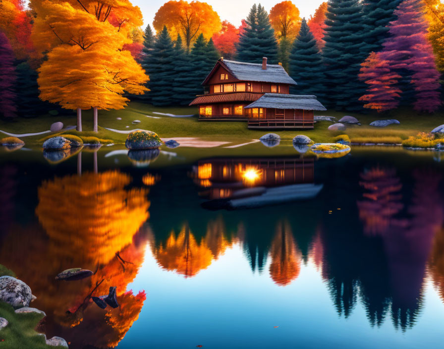 Tranquil autumn scene: wooden cabin by lake, colorful foliage, warm sunset sky