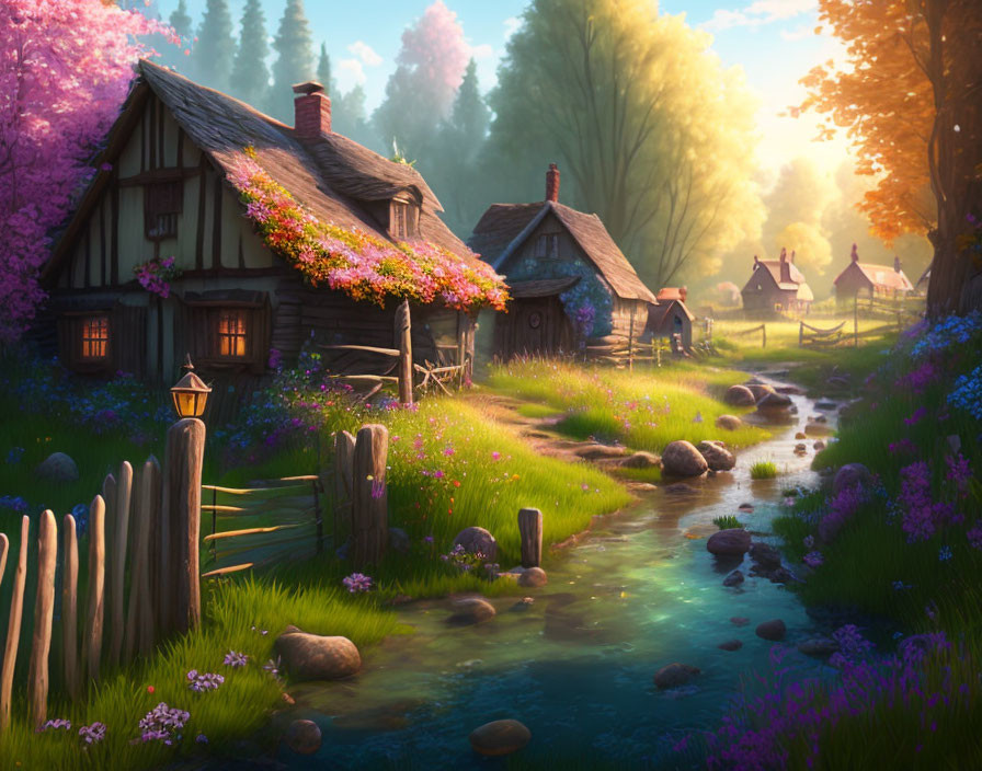 Scenic village with thatched cottages, blooming flowers, and tranquil stream