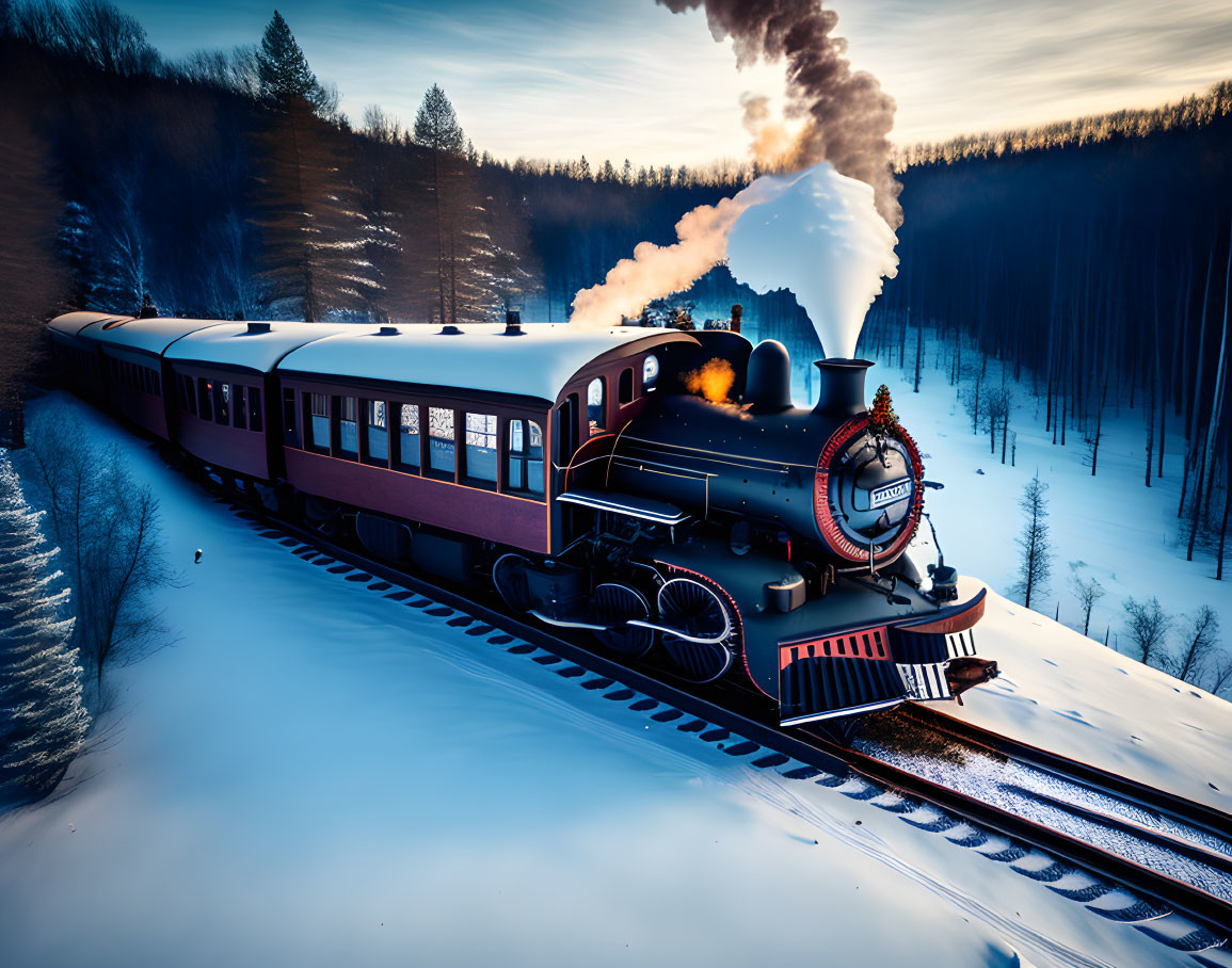 Vintage Steam Locomotive and Passenger Carriages in Snowy Forest Landscape at Dusk