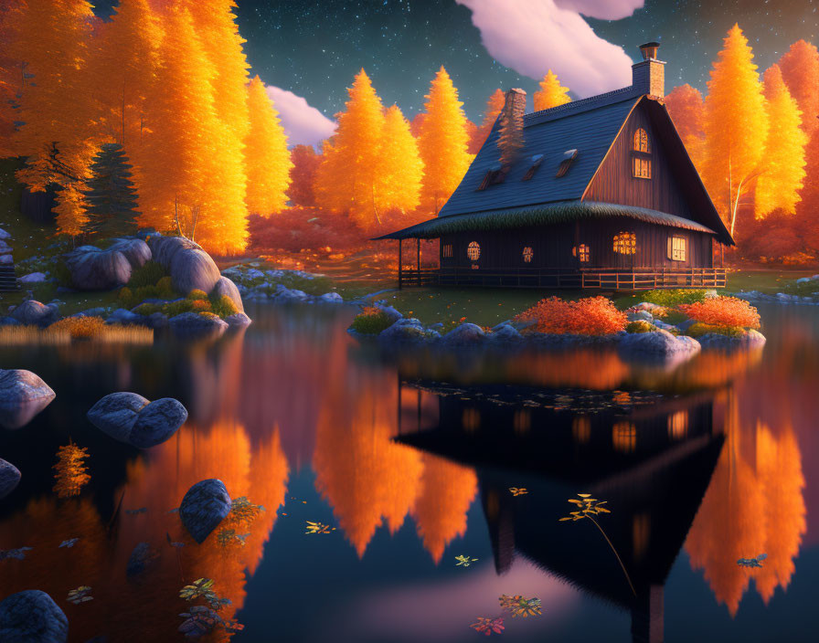 Tranquil autumn landscape with cozy house by lake & vibrant foliage