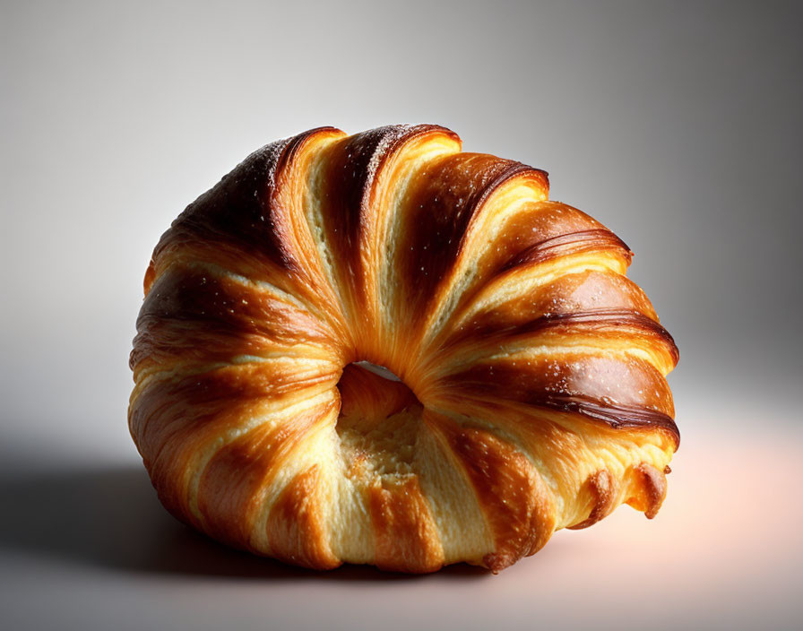 Golden-brown, flaky croissant on soft backdrop