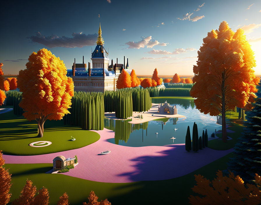 Autumnal scene with grand palace, orange trees, serene lake.